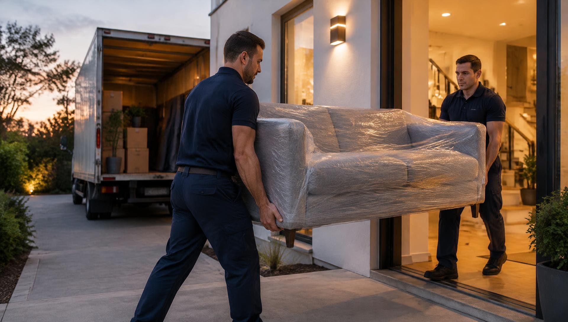 Two movers carrying a wrapped sofa out of a home