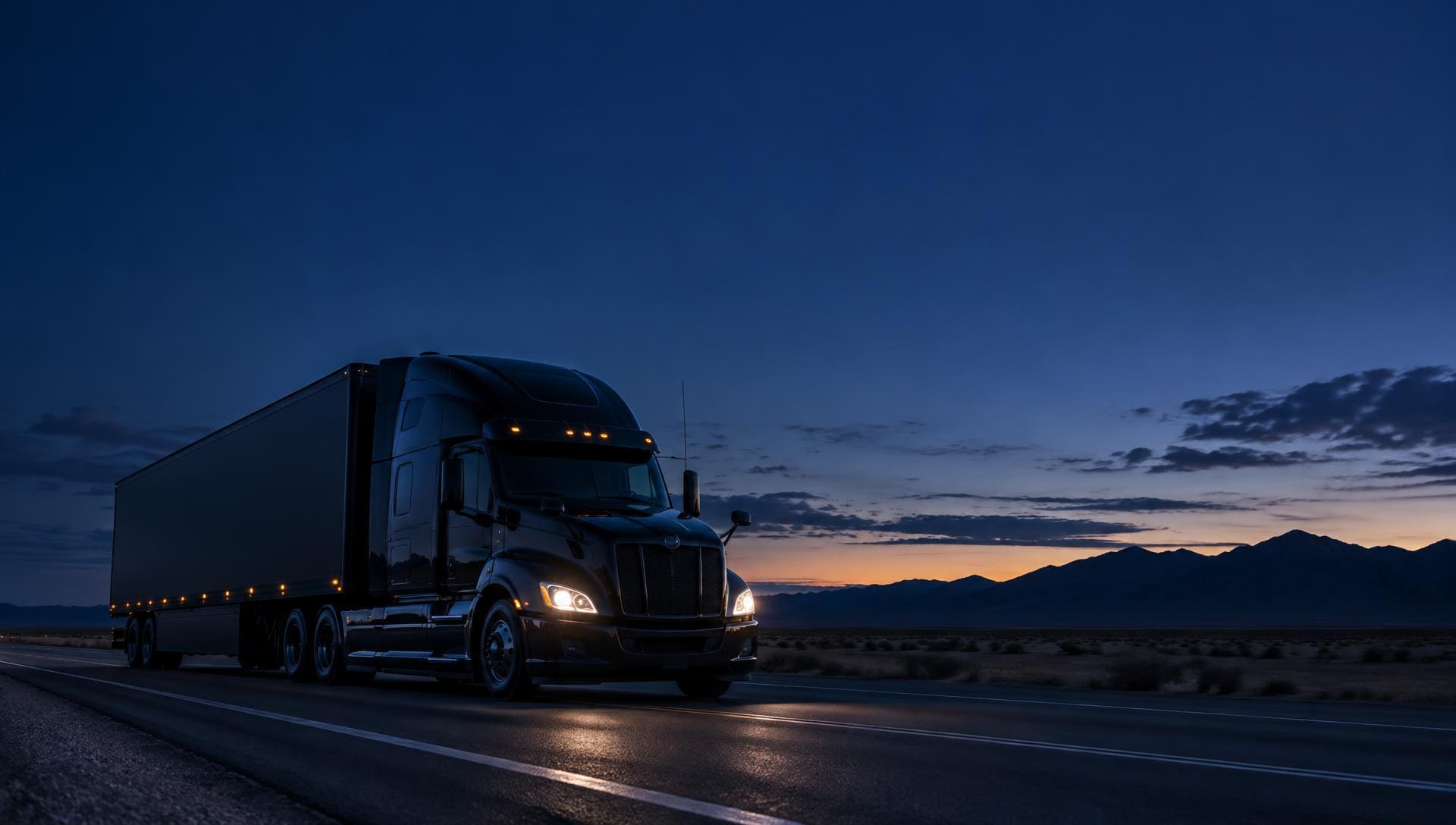 Black moving truck on an open highway at dusk