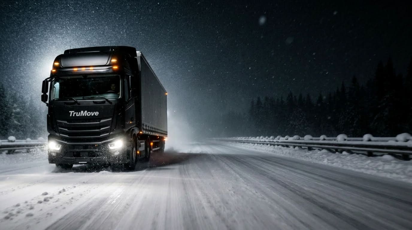 All-black YouMove semi-truck driving steadily through a heavy nighttime snowstorm on a remote highway